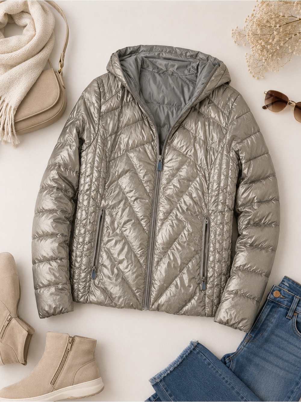 Saks Fifth Avenue Metallic Taupe Hooded Quilted Puffer Jacket